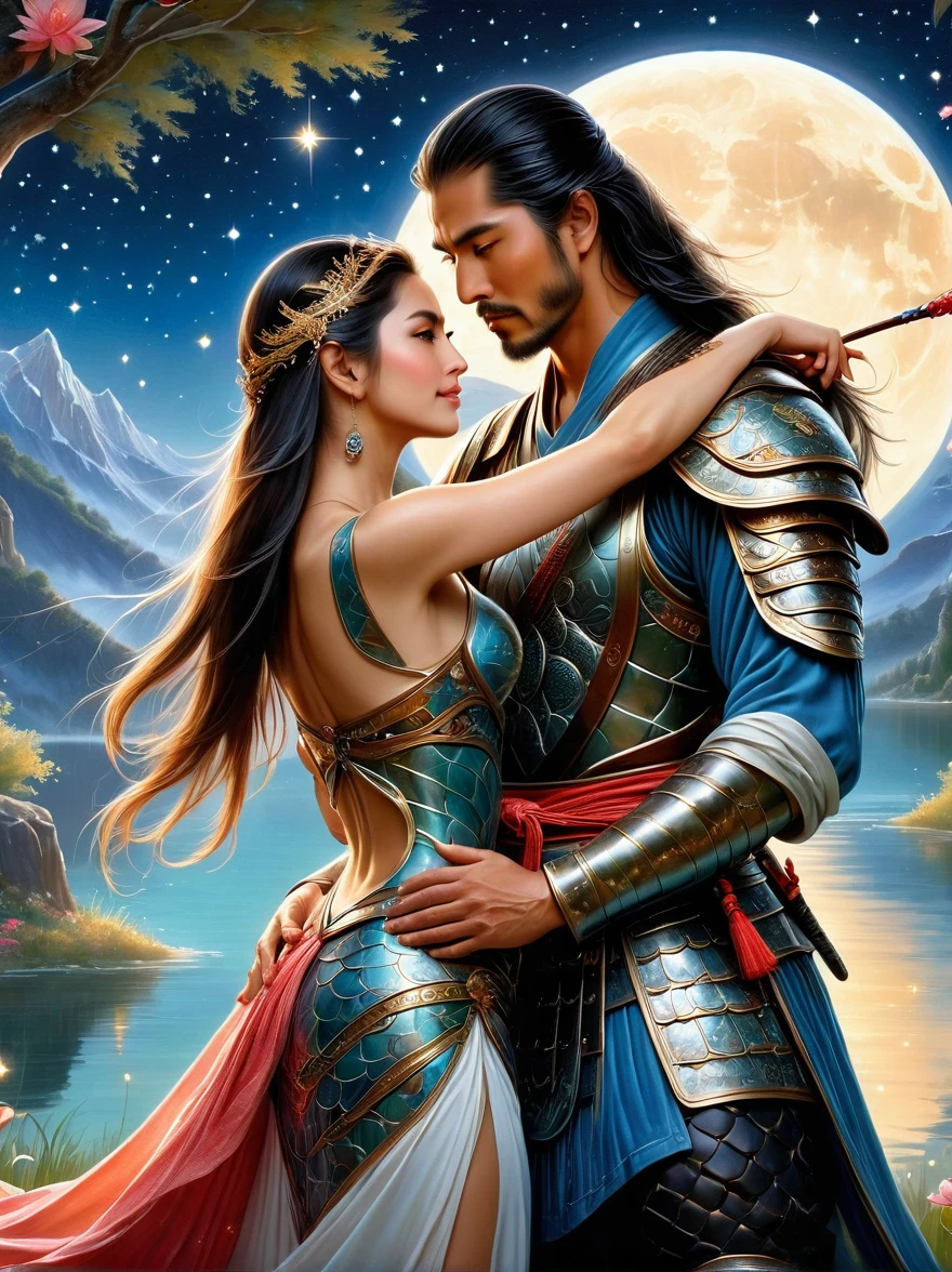 A vivid depiction of a romantic scene under the glistening stars and luminous moonlight. A brave Middle-Eastern samurai in his forties is seen clad in ornate armor, and clinched in an embrace with an entrancing female high elf archer of Hispanic descent. His strong arm tightly wrapped around her, eyes interlocked with serious passion and deep love. The setting is a serene woodland by a rejuvenating spring and a crystalline small lake. The backdrop details lofty mountains far away, touched by the soft glow of the stars above. Exquisite elements of fantasy and romance are merged to paint this scene of profound affection.