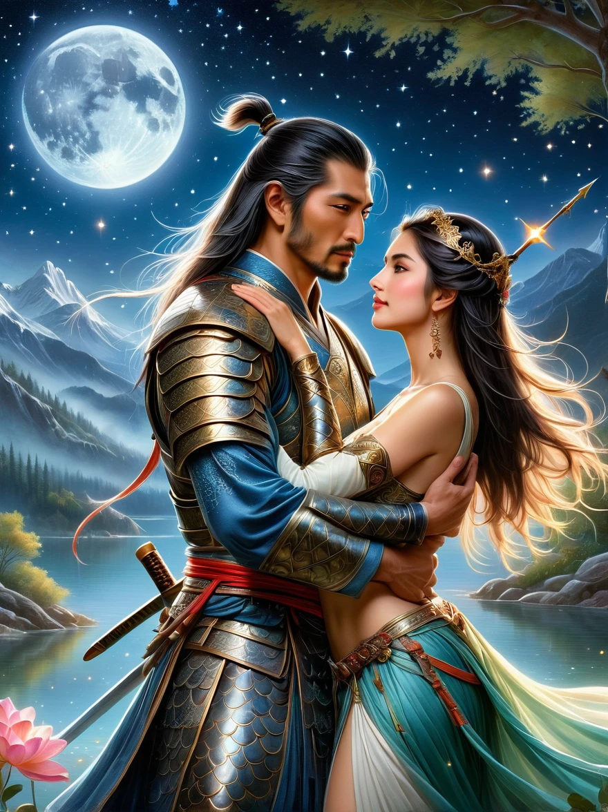 A vivid depiction of a romantic scene under the glistening stars and luminous moonlight. A brave Middle-Eastern samurai in his forties is seen clad in ornate armor, and clinched in an embrace with an entrancing female high elf archer of Hispanic descent. His strong arm tightly wrapped around her, eyes interlocked with serious passion and deep love. The setting is a serene woodland by a rejuvenating spring and a crystalline small lake. The backdrop details lofty mountains far away, touched by the soft glow of the stars above. Exquisite elements of fantasy and romance are merged to paint this scene of profound affection.