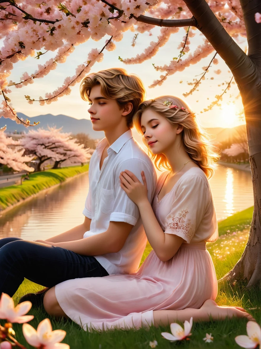 Create an image of two teenagers sharing a romantic moment, not involving physical contact. The girl has short, wavy hair and the boy has blond hair with green eyes. They are sitting side by side, hands clasped together, under a beautiful cherry blossom tree in spring, petals gently falling around them. The setting sun in the distant horizon casting a soft golden glow to the scene.