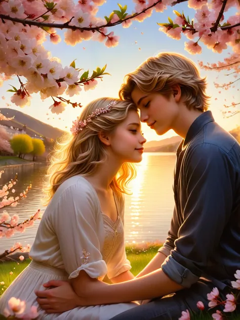 create an image of two teenagers sharing a romantic moment, not involving physical contact. the girl has short, wavy hair and th...