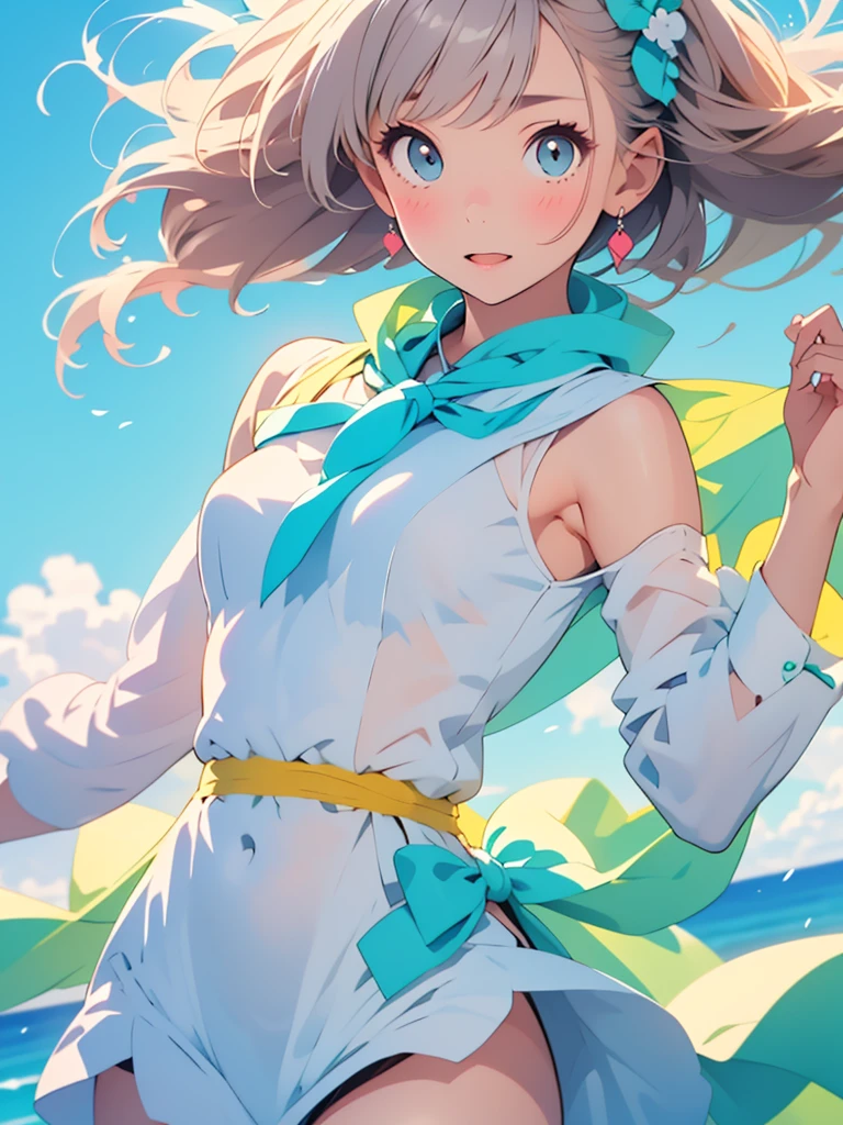 Cute girl drawn in pastel colors, Summer cloth around her, Dancing in the Wind, High quality drawings.