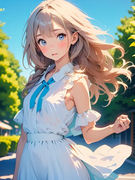 cute girl drawn in pastel colors, summer cloth around her, dancing in the wind, high quality drawings.