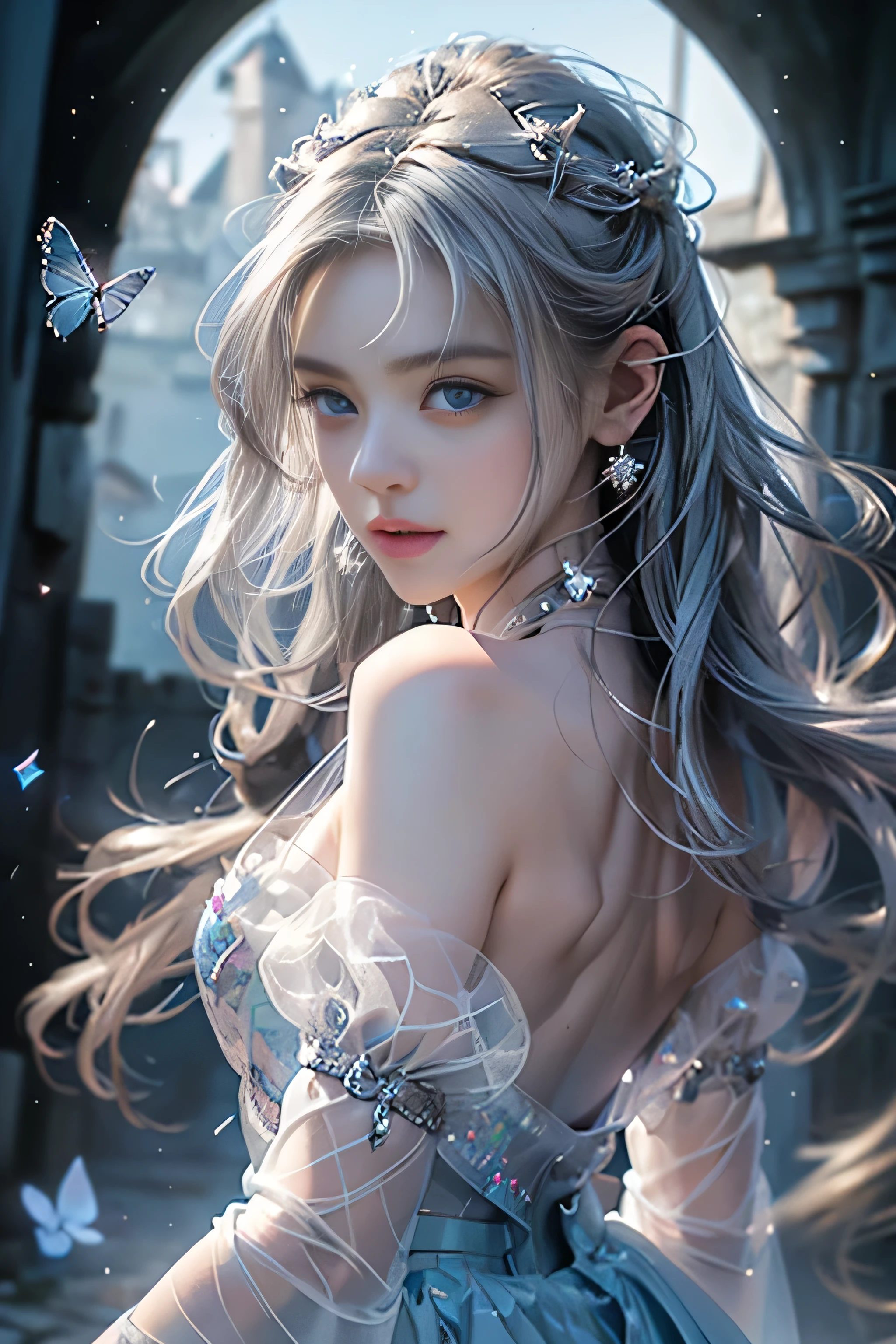 ((Girl standing in front of the castle wall))、Fluorescent color、One Girl、Look to the side、Beautiful Face、Beautiful Eyes、(Big Blue Eyes)（Rear view)、(look back）、（Silver blunt hair）、Shiny Hair、Glowing Skin、Reduce glare、Finger Proportion Adjustment、Escrow、Butt viewpoint、Dynamic Angle、（（Master Parts））、（（Highest quality））、（（（Ultra Details）、（An illustration）、（Detailed light）、（Very delicate and beautiful）、Dramatic Shadows、Ray tracing、reflection、Ultra-high resolution、（（Master Parts））、（（Highest quality））、（（Ultra HD））。 Ultra-high resolution、((Colorful hair and mesh))、Her hair flutters in the wind、(Big deep blue eyes)、Silvery white hair、haired woman、Sparkling Butterfly、Sparkling Butterfly、黒haired woman、Points of light around the woman、Magical Aura、Green dot、The nature of the aura、Magical Aura黒haired woman、 ((Translucent blue one-shoulder dress： 1. 3)、(No sleeve)、((The skirt flutters up in the wind))、((An old European castle stands in the distance))、(Full Body Shot),(Long legs)、(High heels),