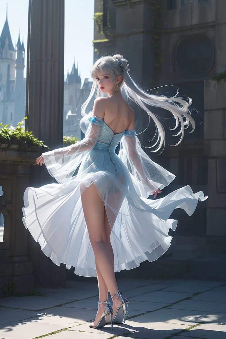 ((Girl standing in front of the castle wall))、Fluorescent color、One Girl、Look to the side、Beautiful Face、Beautiful Eyes、(Big Blue Eyes)（Rear view)、(look back）、（Silver blunt hair）、Shiny Hair、Glowing Skin、Reduce glare、Finger Proportion Adjustment、Escrow、Butt viewpoint、Dynamic Angle、（（Master Parts））、（（Highest quality））、（（（Ultra Details）、（An illustration）、（Detailed light）、（Very delicate and beautiful）、Dramatic Shadows、Ray tracing、reflection、Ultra-high resolution、（（Master Parts））、（（Highest quality））、（（Ultra HD））。 Ultra-high resolution、((Colorful hair and mesh))、Her hair flutters in the wind、(Big deep blue eyes)、Silvery white hair、haired woman、Sparkling Butterfly、Sparkling Butterfly、黒haired woman、Points of light around the woman、Magical Aura、Green dot、The nature of the aura、Magical Aura黒haired woman、 ((Translucent blue one-shoulder dress： 1. 3)、(No sleeve)、((The skirt flutters up in the wind))、((An old European castle stands in the distance))、（White panties are visible)(Full Body Shot),(Long legs)、(High heels),