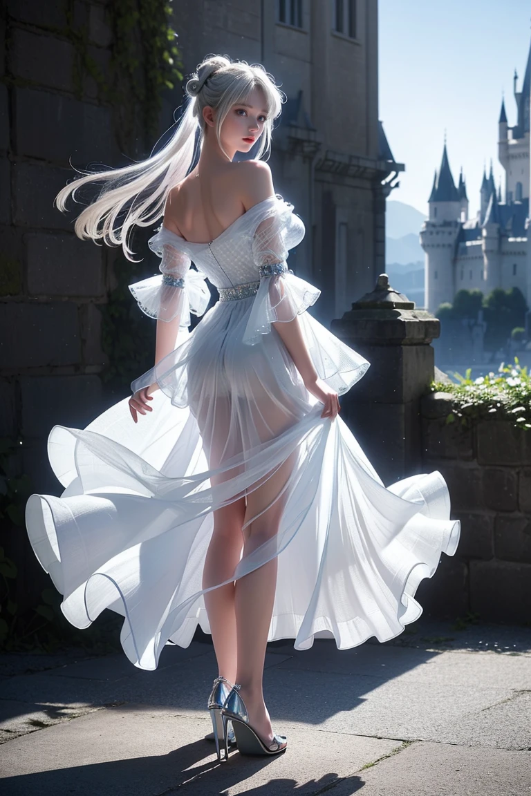 ((Girl standing in front of the castle wall))、Fluorescent color、One Girl、Look to the side、Beautiful Face、Beautiful Eyes、(Big Blue Eyes)（Rear view)、(look back）、（Silver blunt hair）、Shiny Hair、Glowing Skin、Reduce glare、Finger Proportion Adjustment、Escrow、Butt viewpoint、Dynamic Angle、（（Master Parts））、（（Highest quality））、（（（Ultra Details）、（An illustration）、（Detailed light）、（Very delicate and beautiful）、Dramatic Shadows、Ray tracing、reflection、Ultra-high resolution、（（Master Parts））、（（Highest quality））、（（Ultra HD））。 Ultra-high resolution、((Colorful hair and mesh))、Her hair flutters in the wind、(Big deep blue eyes)、Silvery white hair、haired woman、Sparkling Butterfly、Sparkling Butterfly、黒haired woman、Points of light around the woman、Magical Aura、Green dot、The nature of the aura、Magical Aura黒haired woman、 ((Translucent blue one-shoulder dress： 1. 3)、(No sleeve)、((The skirt flutters up in the wind))、((An old European castle stands in the distance))、（White panties are visible)(Full Body Shot),(Long legs)、(High heels),