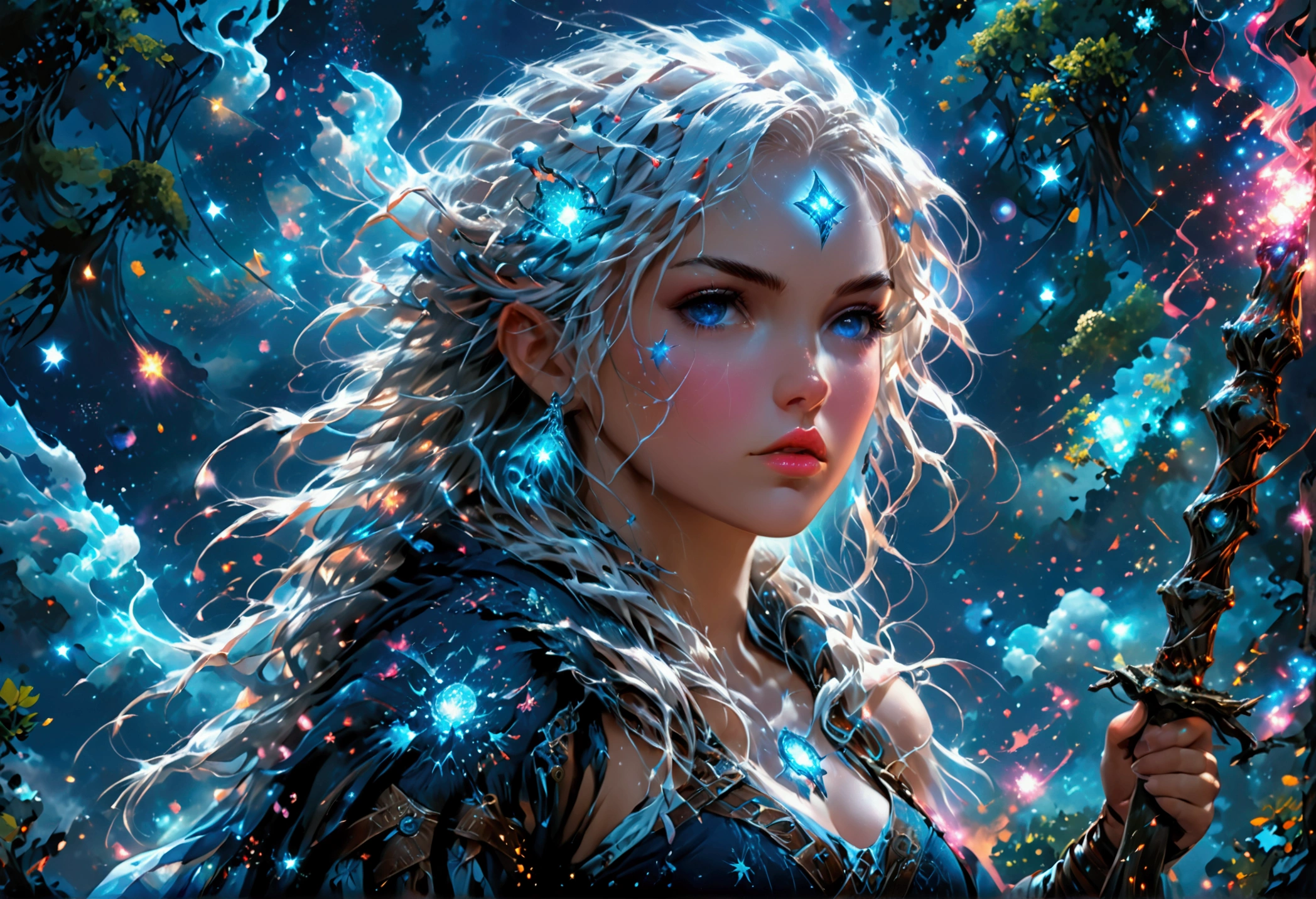 comic art , dnd art, rpg art, realistic art, female human druid of the stars, guardian of nature, controlling magical energy made of stars, swirling blue stary magical light, divine symbols, (under the sky filled with stars: 1.4, human female, busty, extremally beautiful, ultra feminine, dynamic hair, dynamic hair color, wearing leather armor, holding a staff, moon light, stars,  dynamic natural background,  RPG art, magical atmosphere magic-fantasy-sky full with colorful stars, high details, best quality, 16k, [ultra detailed], masterpiece, best quality, (extremely detailed), dynamic angle, ultra wide shot, photorealistic, ((fantasy art)) ultra best realistic, best details, best quality, 16k, [ultra detailed], masterpiece, best quality, (extremely detailed), ultra wide shot, photorealism, depth of field, hyper realistic painting, rpg portrait, mad-nbla