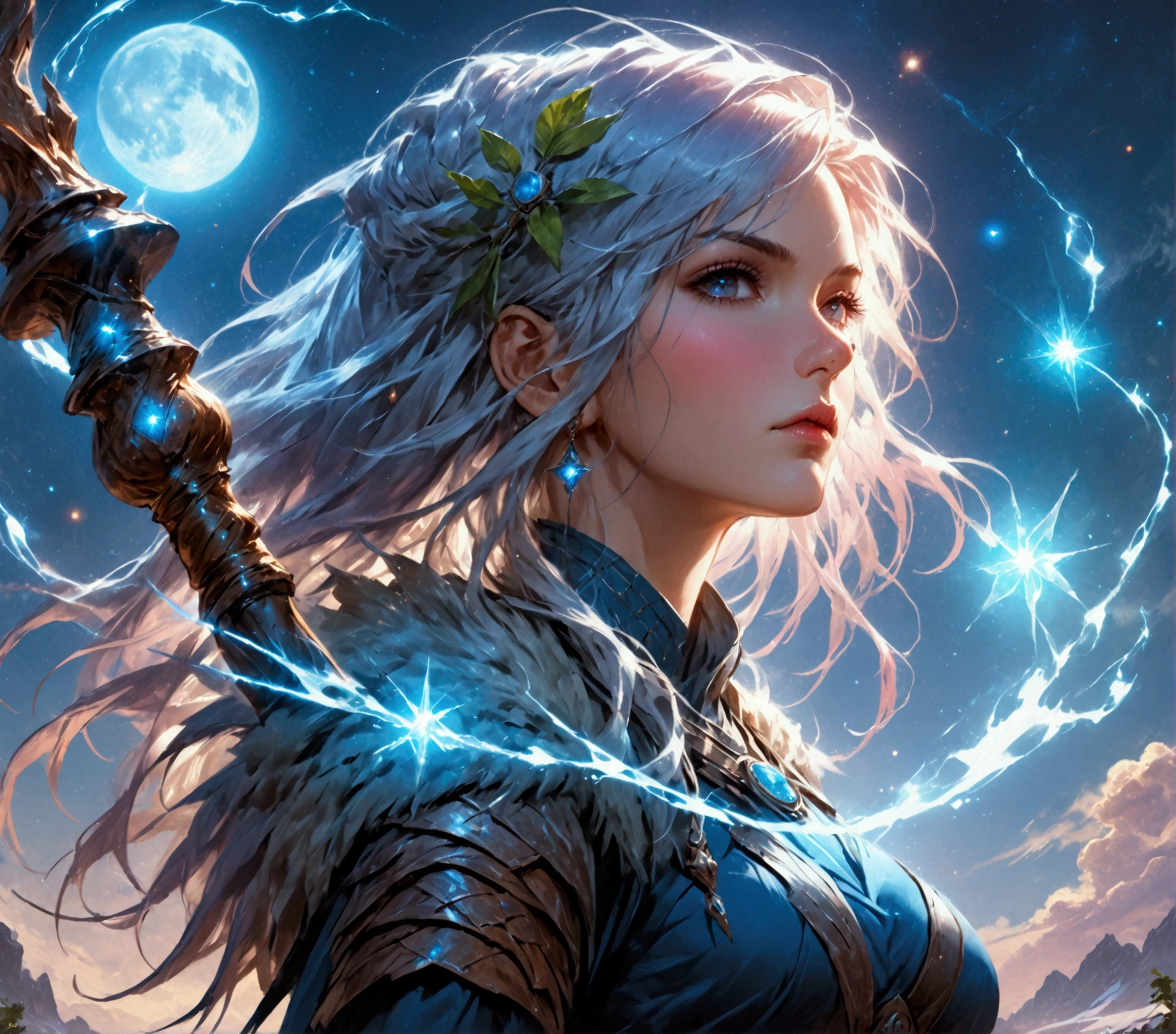 comic art , dnd art, rpg art, realistic art, female human druid of the stars, guardian of nature, controlling magical energy made of stars, swirling blue stary magical light, divine symbols, (under the sky filled with stars: 1.4, human female, busty, extremally beautiful, ultra feminine, busty, dynamic hair, dynamic hair color, wearing leather armor, holding a staff, moon light, stars,  dynamic natural background,  RPG art, magical atmosphere magic-fantasy-sky full with colorful stars, high details, best quality, 16k, [ultra detailed], masterpiece, best quality, (extremely detailed), dynamic angle, ultra wide shot, photorealistic, ((fantasy art)) ultra best realistic, best details, best quality, 16k, [ultra detailed], masterpiece, best quality, (extremely detailed), ultra wide shot, photorealism, depth of field, hyper realistic painting, rpg portrait, mad-nbla