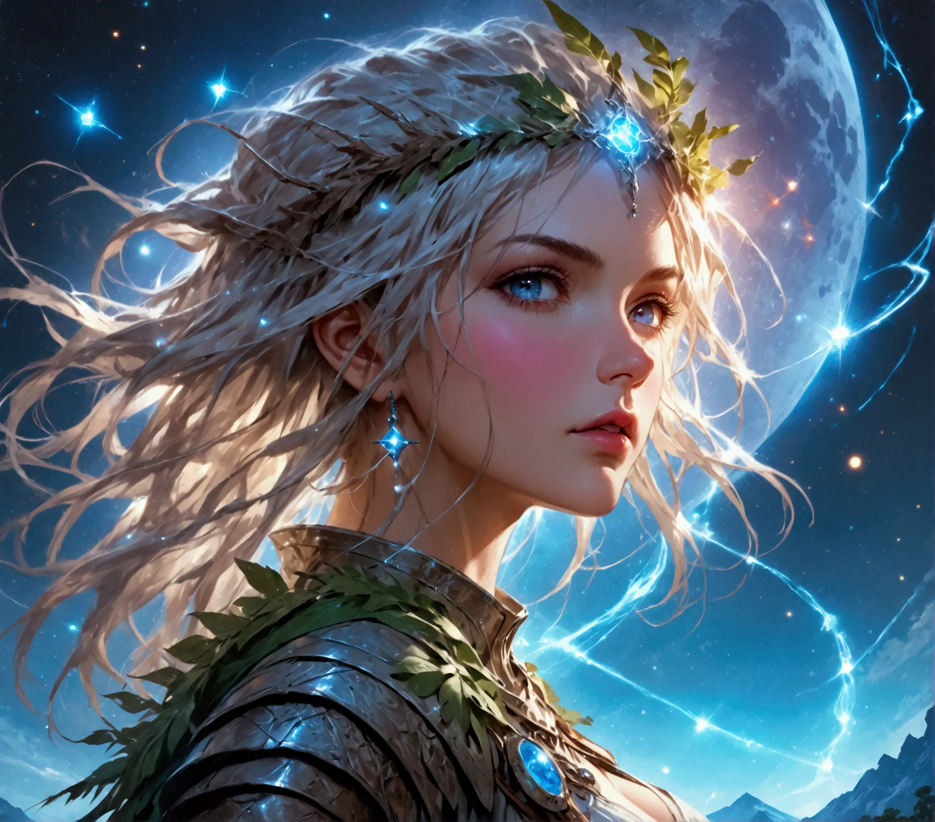 comic art , dnd art, rpg art, realistic art, female human druid of the stars, guardian of nature, controlling magical energy mad...