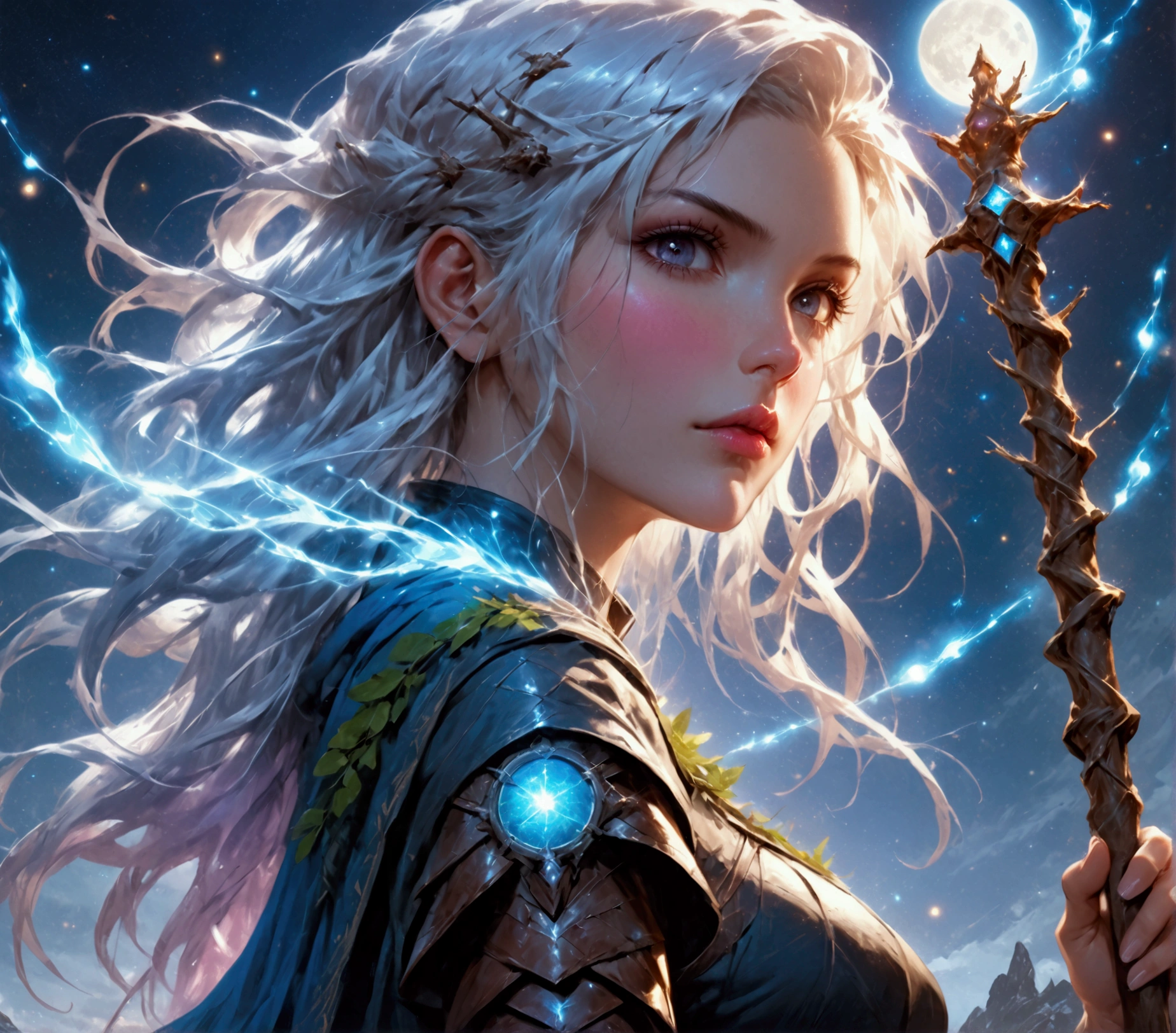 comic art , dnd art, rpg art, realistic art, female human druid of the stars, guardian of nature, controlling magical energy made of stars, swirling blue stary magical light, divine symbols, (under the sky filled with stars: 1.4, human female, busty, extremally beautiful, ultra feminine, busty, dynamic hair, dynamic hair color, wearing leather armor, holding a staff, moon light, stars,  dynamic natural background,  RPG art, magical atmosphere magic-fantasy-sky full with colorful stars, high details, best quality, 16k, [ultra detailed], masterpiece, best quality, (extremely detailed), dynamic angle, ultra wide shot, photorealistic, ((fantasy art)) ultra best realistic, best details, best quality, 16k, [ultra detailed], masterpiece, best quality, (extremely detailed), ultra wide shot, photorealism, depth of field, hyper realistic painting, rpg portrait, mad-nbla