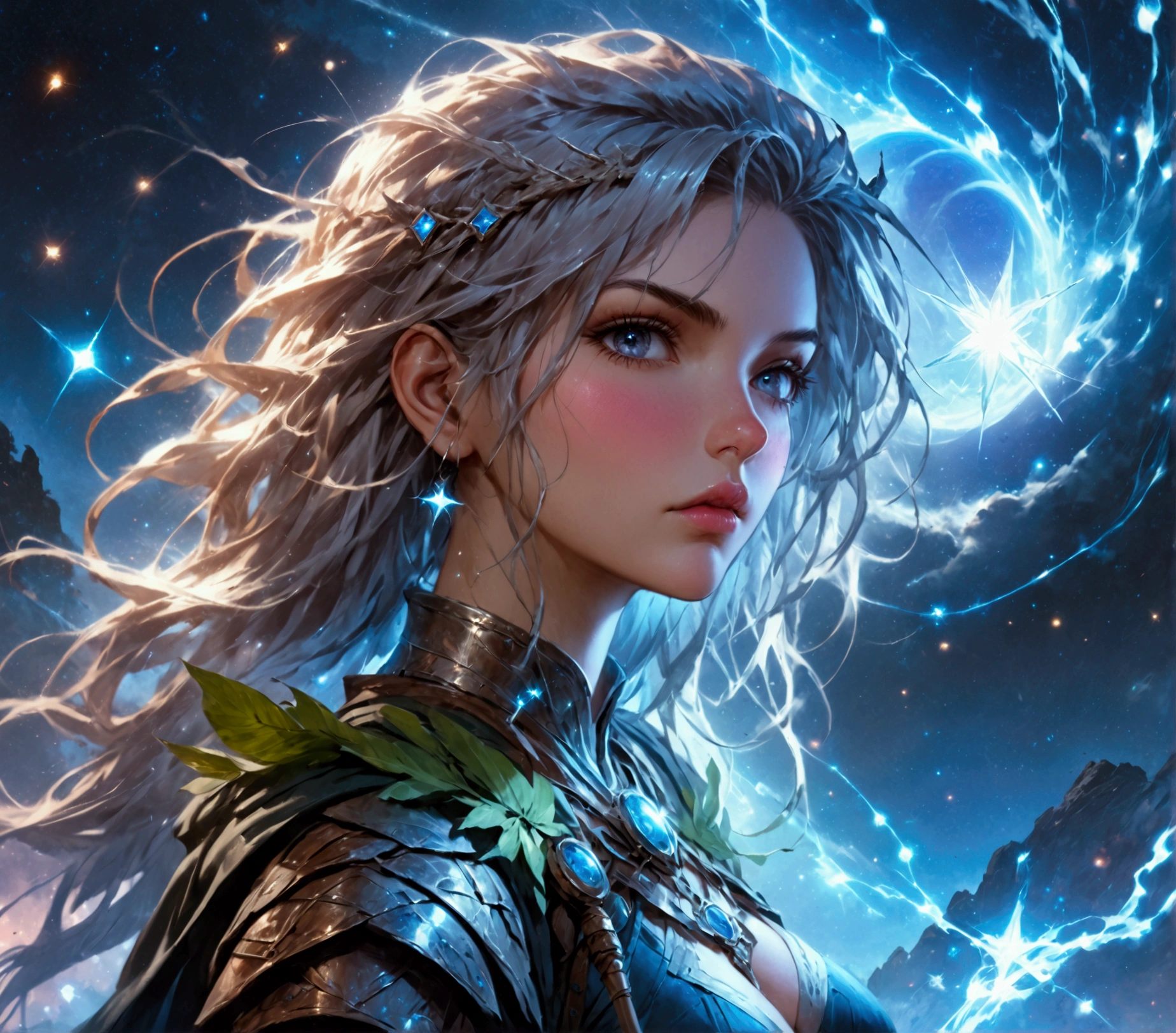 comic art , dnd art, rpg art, realistic art, female human druid of the stars, guardian of nature, controlling magical energy made of stars, swirling blue stary magical light, divine symbols, (under the sky filled with stars: 1.4, human female, busty, extremally beautiful, ultra feminine, busty, dynamic hair, dynamic hair color, wearing leather armor, holding a staff, moon light, stars,  dynamic natural background,  RPG art, magical atmosphere magic-fantasy-sky full with colorful stars, high details, best quality, 16k, [ultra detailed], masterpiece, best quality, (extremely detailed), dynamic angle, ultra wide shot, photorealistic, ((fantasy art)) ultra best realistic, best details, best quality, 16k, [ultra detailed], masterpiece, best quality, (extremely detailed), ultra wide shot, photorealism, depth of field, hyper realistic painting, rpg portrait, mad-nbla