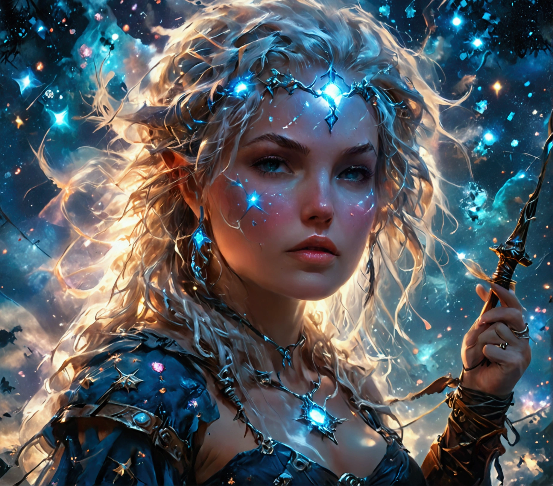 comic art , dnd art, rpg art, realistic art, female human druid of the stars, guardian of nature, controlling magical energy made of stars, swirling blue stary magical light, divine symbols, (under the sky filled with stars: 1.4, human female, busty, extremally beautiful, ultra feminine, busty, dynamic hair, dynamic hair color, wearing leather armor, holding a staff, moon light, stars, dynamic natural background, RPG art, magical atmosphere magic-fantasy-sky full with colorful stars, high details, best quality, 16k, [ultra detailed], masterpiece, best quality, (extremely detailed), dynamic angle, ultra wide shot, photorealistic, ((fantasy art)) ultra best realistic, best details, best quality, 16k, [ultra detailed], masterpiece, best quality, (extremely detailed), ultra wide shot, photorealism, depth of field, hyper realistic painting, rpg portrait, mad-nbla