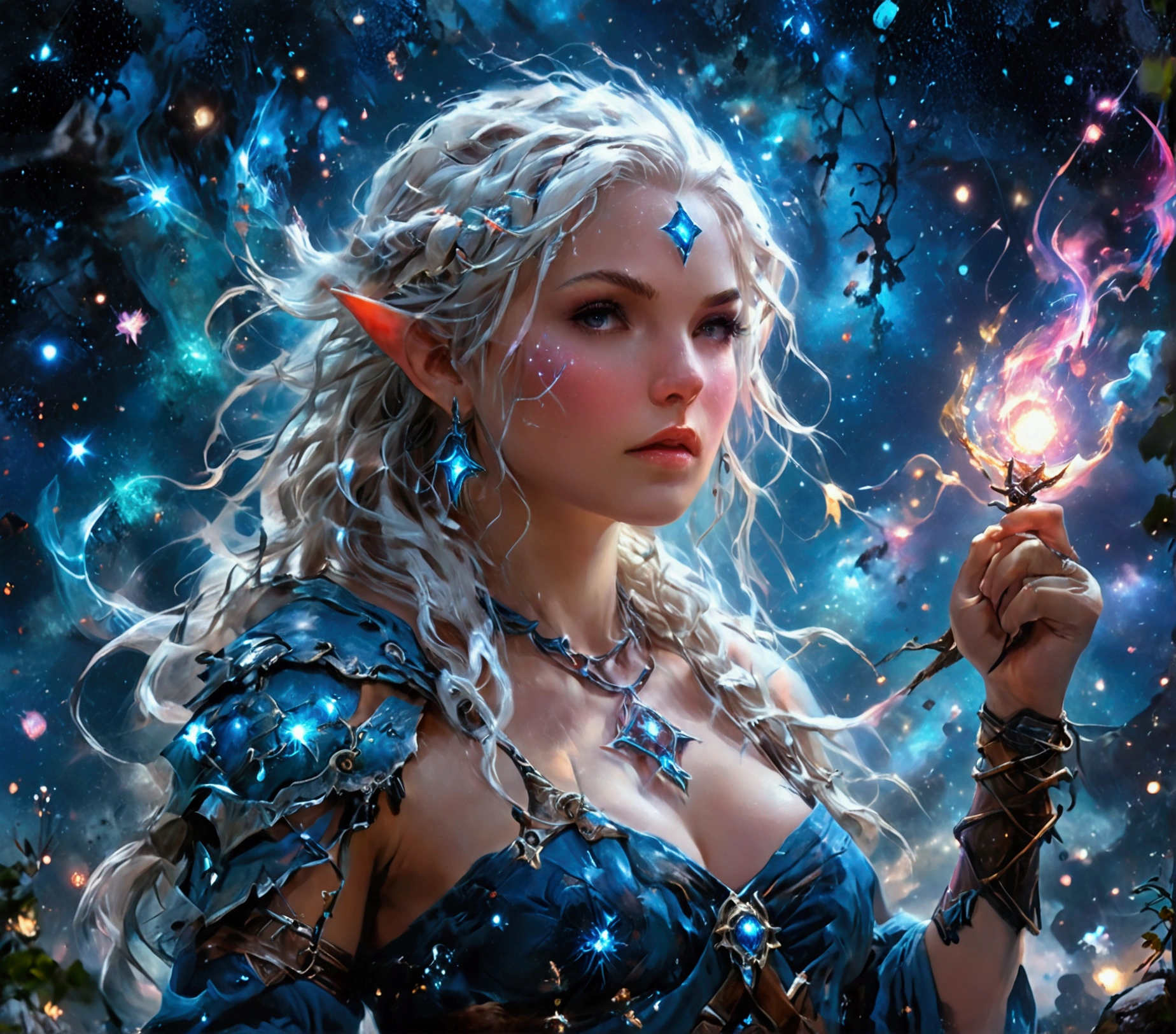 comic art , dnd art, rpg art, realistic art, female human druid of the stars, guardian of nature, controlling magical energy made of stars, swirling blue stary magical light, divine symbols, (under the sky filled with stars: 1.4, human female, busty, extremally beautiful, ultra feminine, busty, dynamic hair, dynamic hair color, wearing leather armor, holding a staff, moon light, stars, dynamic natural background, RPG art, magical atmosphere magic-fantasy-sky full with colorful stars, high details, best quality, 16k, [ultra detailed], masterpiece, best quality, (extremely detailed), dynamic angle, ultra wide shot, photorealistic, ((fantasy art)) ultra best realistic, best details, best quality, 16k, [ultra detailed], masterpiece, best quality, (extremely detailed), ultra wide shot, photorealism, depth of field, hyper realistic painting, rpg portrait, mad-nbla