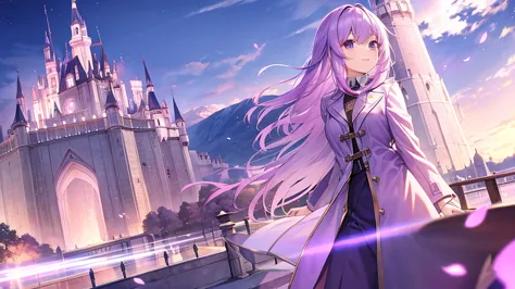 woman　clear　light purple hair　　coat　　　anime style　　　a western castle is in the distance