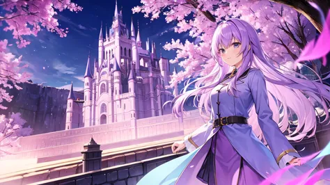 woman　clear　light purple hair　　coat　　　anime style　　　a western castle is in the distance