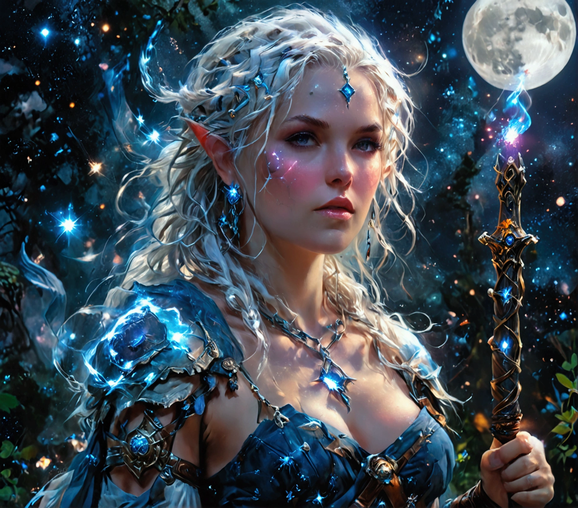 comic art , dnd art, rpg art, realistic art, female human druid of the stars, guardian of nature, controlling magical energy made of stars, swirling blue stary magical light, divine symbols, (under the sky filled with stars: 1.4, human female, busty, extremally beautiful, ultra feminine, busty, dynamic hair, dynamic hair color, wearing leather armor, holding a staff, moon light, stars, dynamic natural background, RPG art, magical atmosphere magic-fantasy-sky full with colorful stars, high details, best quality, 16k, [ultra detailed], masterpiece, best quality, (extremely detailed), dynamic angle, ultra wide shot, photorealistic, ((fantasy art)) ultra best realistic, best details, best quality, 16k, [ultra detailed], masterpiece, best quality, (extremely detailed), ultra wide shot, photorealism, depth of field, hyper realistic painting, rpg portrait, mad-nbla