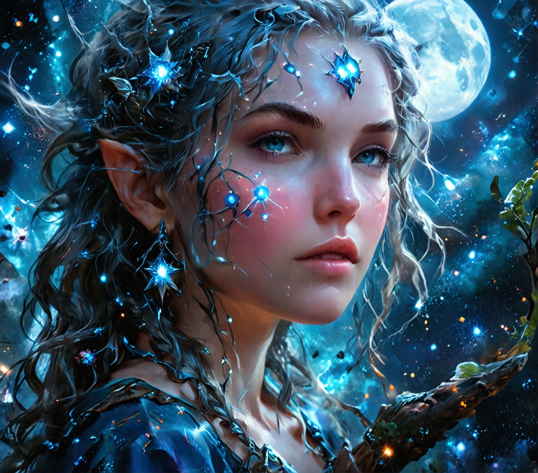 comic art , dnd art, rpg art, realistic art, female human druid of the stars, guardian of nature, controlling magical energy made of stars, swirling blue stary magical light, divine symbols, (under the sky filled with stars: 1.4, human female, busty, extremally beautiful, ultra feminine, busty, dynamic hair, dynamic hair color, wearing leather armor, holding a staff, moon light, stars, dynamic natural background, RPG art, magical atmosphere magic-fantasy-sky full with colorful stars, high details, best quality, 16k, [ultra detailed], masterpiece, best quality, (extremely detailed), dynamic angle, ultra wide shot, photorealistic, ((fantasy art)) ultra best realistic, best details, best quality, 16k, [ultra detailed], masterpiece, best quality, (extremely detailed), ultra wide shot, photorealism, depth of field, hyper realistic painting, rpg portrait, mad-nbla