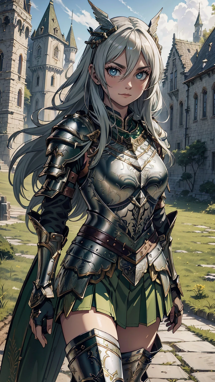 最high quality、Ultra High Definition, Ultra High Quality, Hyper Detailed, Extremely Detailed, Best image quality、masterpiece、anime woman((20-year-old、super dynamic pose , Dancing, Green solid eyes, Silver long Hair 、Disheveled Hair 、Long White Hair, Glove、Green Skirt,  Nature Design Valkyrie Armor, Smirk, cheerful expression, charismatic, Detailed Cuirass , Wearing  Full Coverage Fantasy Valkyrie Armor, leg armor))Beautiful art、background((Inside the castle))、Written boundary depth、anime style,Visual Art, 8K,Genuine