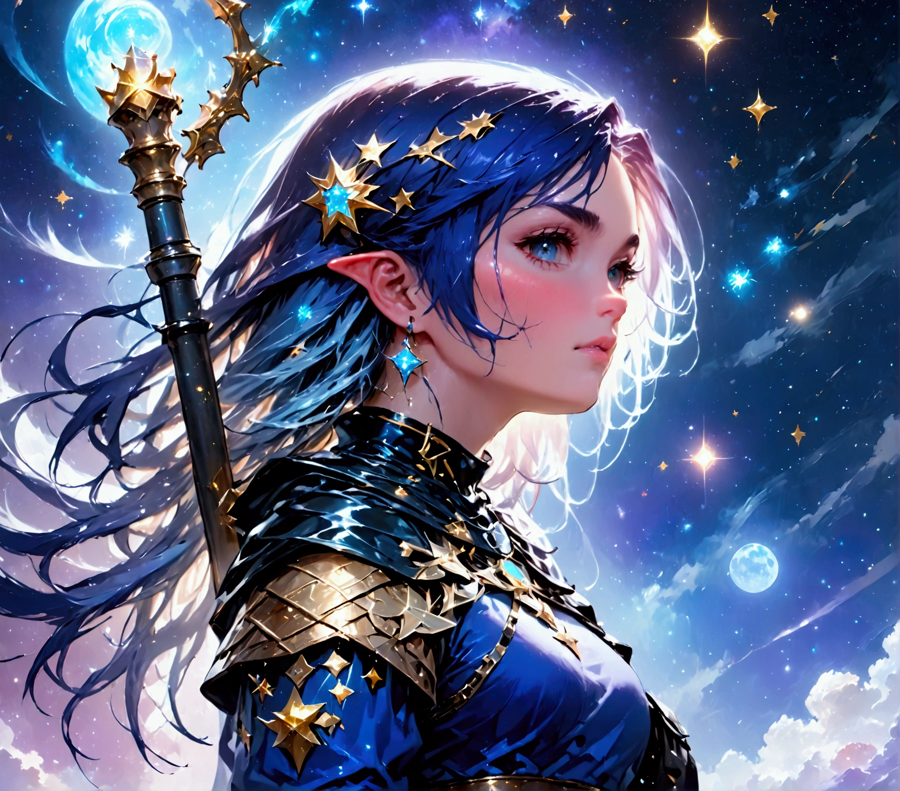 comic art , dnd art, rpg art, realistic art, female human druid of the stars, guardian of nature, controlling magical energy made of stars, swirling blue stary magical light, divine symbols, (under the sky filled with stars: 1.4), human female, busty, extremally beautiful, ultra feminine, busty, dynamic hair, dynamic hair color, wearing leather armor, holding a staff, moon light, stars, dynamic natural background, RPG art, magical atmosphere magic-fantasy-sky full with colorful stars, high details, best quality, 16k, [ultra detailed], masterpiece, best quality, (extremely detailed), dynamic angle, ultra wide shot, photorealistic, ((fantasy art)) ultra best realistic, best details, best quality, 16k, [ultra detailed], masterpiece, best quality, (extremely detailed), ultra wide shot, photorealism, depth of field, hyper realistic painting, rpg portrait, mad-nbla