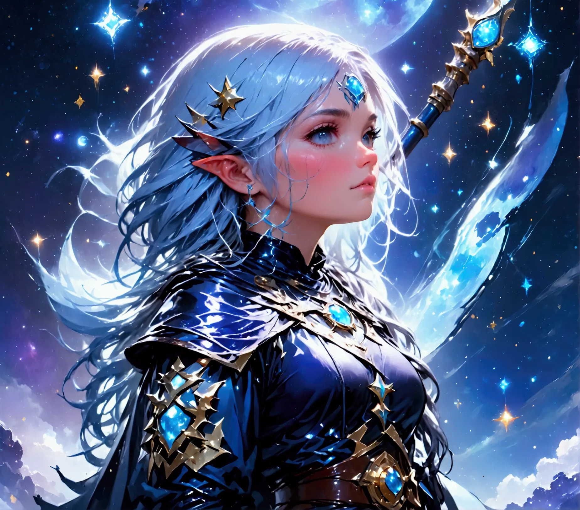 comic art , dnd art, rpg art, realistic art, female human druid of the stars, guardian of nature, controlling magical energy mad...