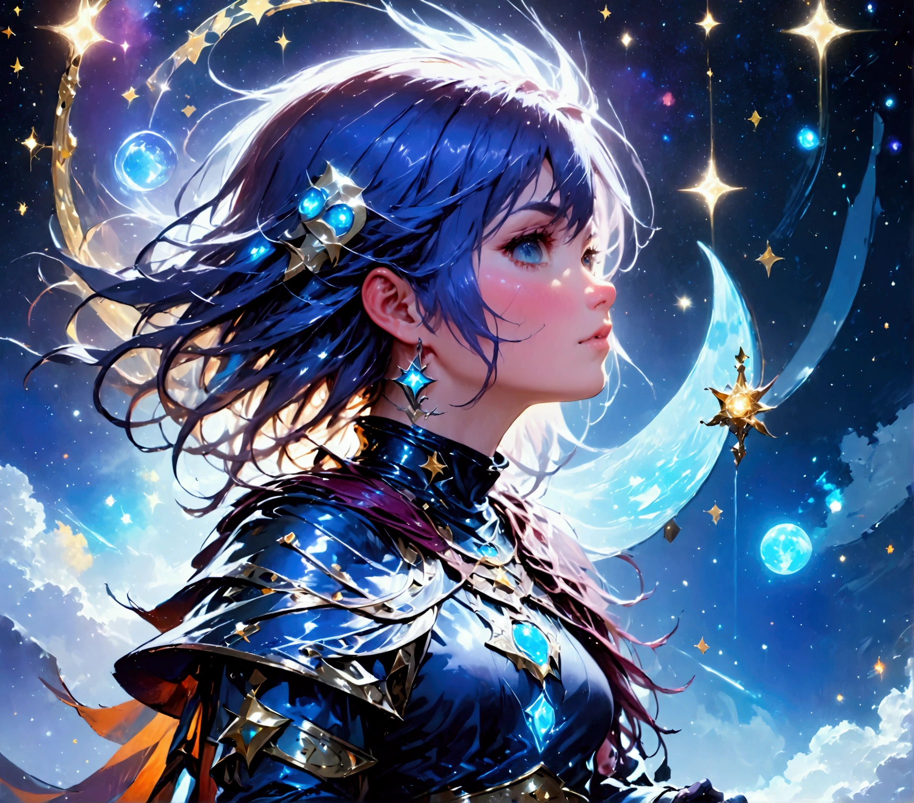 comic art , dnd art, rpg art, realistic art, female human druid of the stars, guardian of nature, controlling magical energy made of stars, swirling blue stary magical light, divine symbols, (under the sky filled with stars: 1.4), human female, busty, extremally beautiful, ultra feminine, busty, dynamic hair, dynamic hair color, wearing leather armor, holding a staff, moon light, stars, dynamic natural background, RPG art, magical atmosphere magic-fantasy-sky full with colorful stars, high details, best quality, 16k, [ultra detailed], masterpiece, best quality, (extremely detailed), dynamic angle, ultra wide shot, photorealistic, ((fantasy art)) ultra best realistic, best details, best quality, 16k, [ultra detailed], masterpiece, best quality, (extremely detailed), ultra wide shot, photorealism, depth of field, hyper realistic painting, rpg portrait, mad-nbla