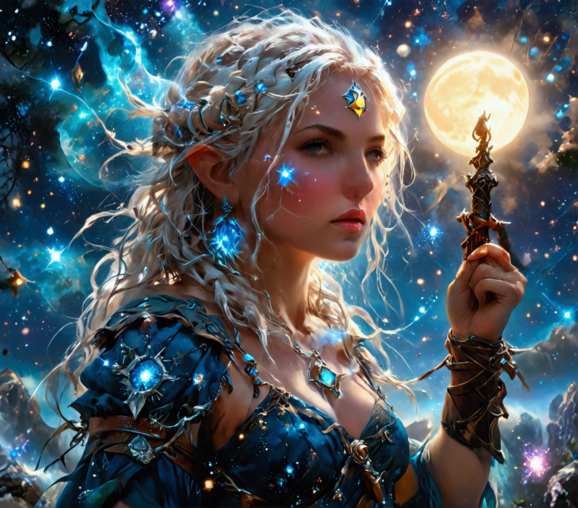 comic art , dnd art, rpg art, realistic art, female human druid of the stars, guardian of nature, controlling magical energy made of stars, swirling blue stary magical light, divine symbols, (under the sky filled with stars: 1.4, human female, busty, extremally beautiful, ultra feminine, busty, dynamic hair, dynamic hair color, wearing leather armor, holding a staff, moon light, stars, dynamic natural background, RPG art, magical atmosphere magic-fantasy-sky full with colorful stars, high details, best quality, 16k, [ultra detailed], masterpiece, best quality, (extremely detailed), dynamic angle, ultra wide shot, photorealistic, ((fantasy art)) ultra best realistic, best details, best quality, 16k, [ultra detailed], masterpiece, best quality, (extremely detailed), ultra wide shot, photorealism, depth of field, hyper realistic painting, rpg portrait, mad-nbla