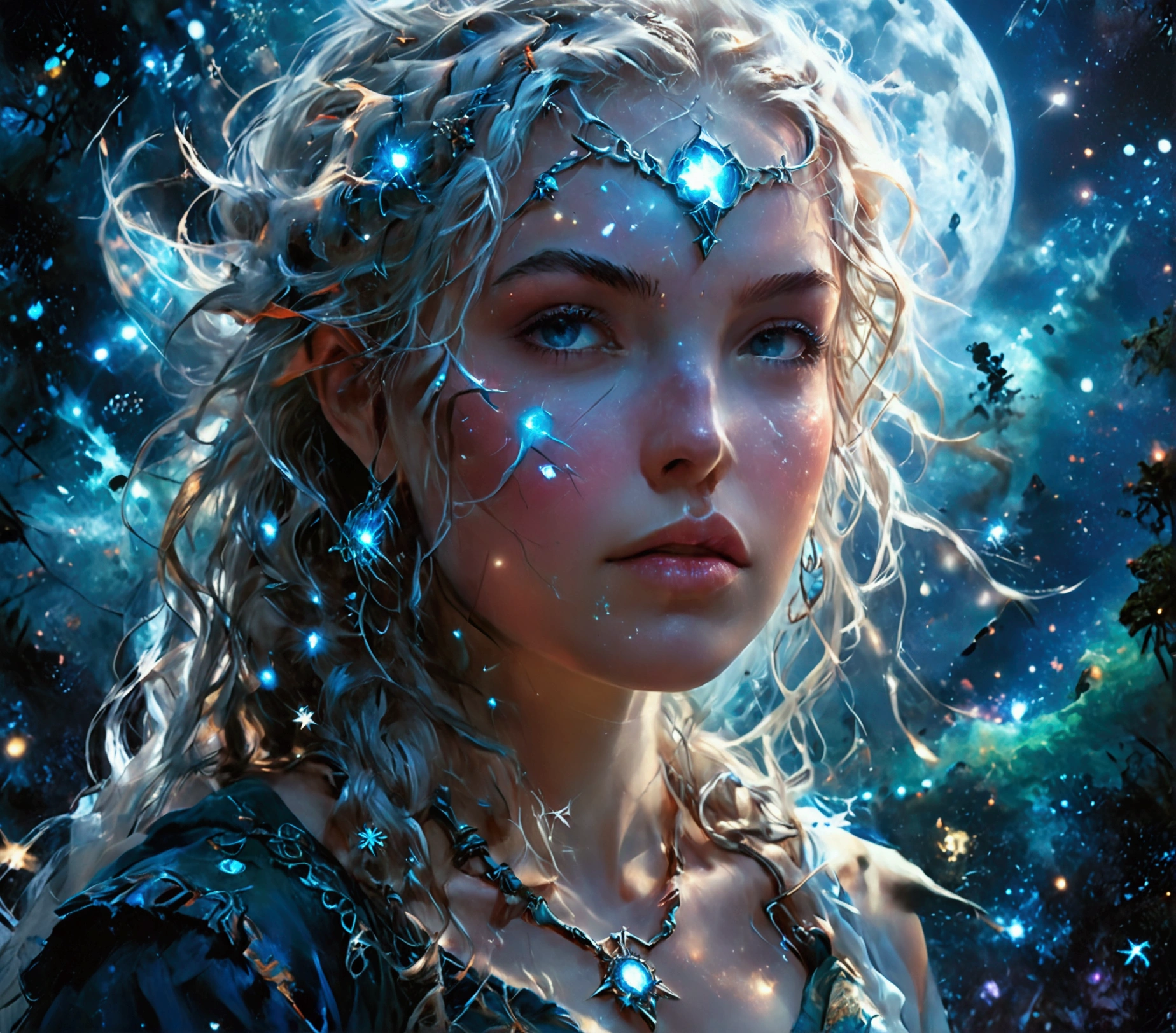 comic art , dnd art, rpg art, realistic art, female human druid of the stars, guardian of nature, controlling magical energy made of stars, swirling blue stary magical light, divine symbols, (under the sky filled with stars: 1.4, human female, busty, extremally beautiful, ultra feminine, busty, dynamic hair, dynamic hair color, wearing leather armor, holding a staff, moon light, stars, dynamic natural background, RPG art, magical atmosphere magic-fantasy-sky full with colorful stars, high details, best quality, 16k, [ultra detailed], masterpiece, best quality, (extremely detailed), dynamic angle, ultra wide shot, photorealistic, ((fantasy art)) ultra best realistic, best details, best quality, 16k, [ultra detailed], masterpiece, best quality, (extremely detailed), ultra wide shot, photorealism, depth of field, hyper realistic painting, rpg portrait, mad-nbla