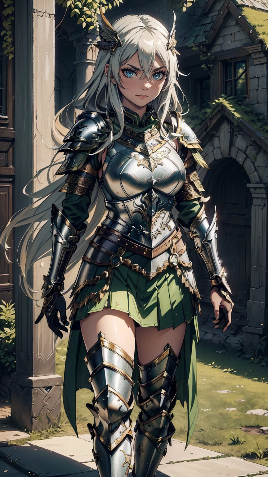 最high quality、Ultra High Definition, Ultra High Quality, Hyper Detailed, Extremely Detailed, Best image quality、masterpiece、anime woman((20-year-old、super dynamic pose , Dancing, Green solid eyes, Silver long Hair 、Disheveled Hair 、Long White Hair, Glove、Green Skirt,  Nature Design Valkyrie Armor, Smirk, cheerful expression, charismatic, Detailed Cuirass , Wearing  Full Coverage Fantasy Valkyrie Armor, leg armor))Beautiful art、background((Inside the mansion))、Written boundary depth、anime style,Visual Art, 8K,Genuine