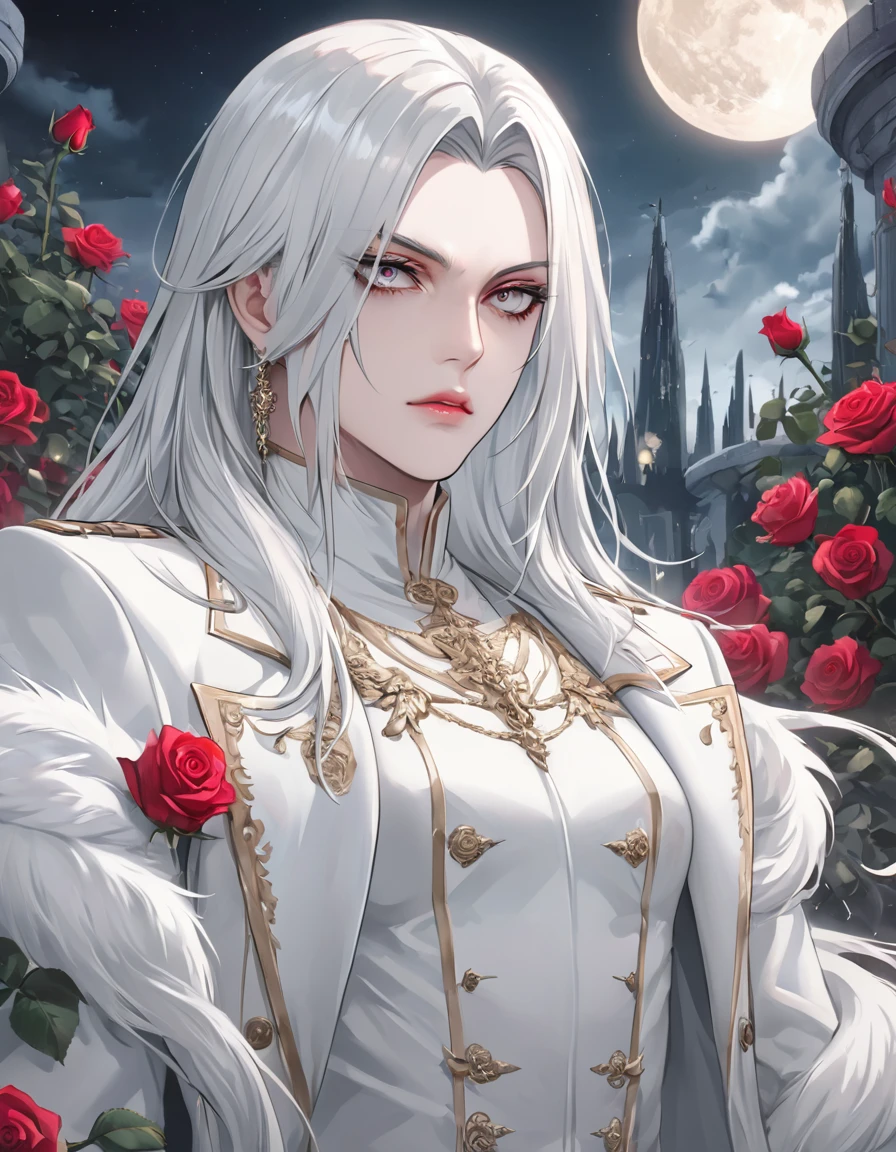 masterpiece, highest quality, (solo focus), (perfect face:1.1), (high detail:1.1), (hyper detailed eyes), dramatic, a guy with pale skin and long voluminous white hair, white eyes, solo, long hair, Sephiroth, moon, night, white luxury suit, covered navel, pouty lips, fur, arrogant expression, Rose Garden, detailed background, art by artgerm, cinematic lighting, roses, fashion, BalenciagaStyle