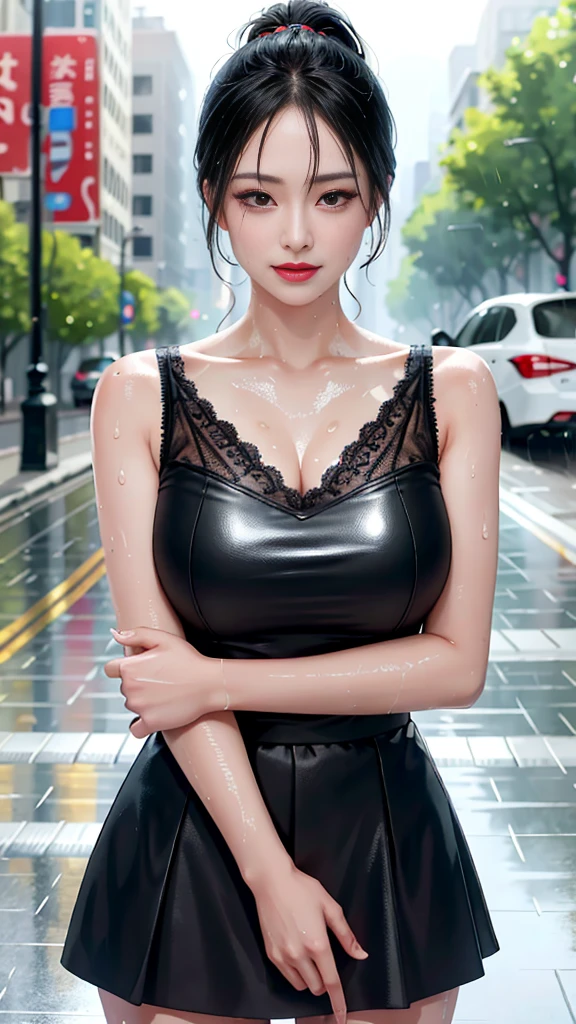 ((best quality, 8k, masterpiece: 1.3))high quality, Very detailed, Crazy details, 4K quality (digital art like movies: 1.3), high quality, ,Upper Body,thick black frame glasses,black hair, Black eyes,sharp focus: 1.2, beautiful woman: 1.4, ((ponytail: 1.2)),(crimson skirt、Lace white shirt), (wet from rain: 1.3), (rain, street: 1.2), wet: 1.2,Highly detailed face and skin textures, delicate eyes, double eyelids, White skin,E Cup,Smile,financial district of a big city,skyscraper,White skin,wet hair、wet skin、wet clothes、Smile、 From the front, beautiful and Detailed face, White skin, Realistic glowing skin, High quality fabrics, Detailed hair texture, Perfect body, pretty face, Acura, anatomically correct, highly Detailed face, Eye and skin texture, natural neck length, (beautiful eyes), (beautiful hands), (shiny skin:1.2), thin legs, thin legs, Know-it-all、Detailed face、 Dramatic compensate、compensate、Pink lipstick、Eye makeup、mascara、Eyeliner、U.S. Department of Energy、 (((wet、 Sweat)))、