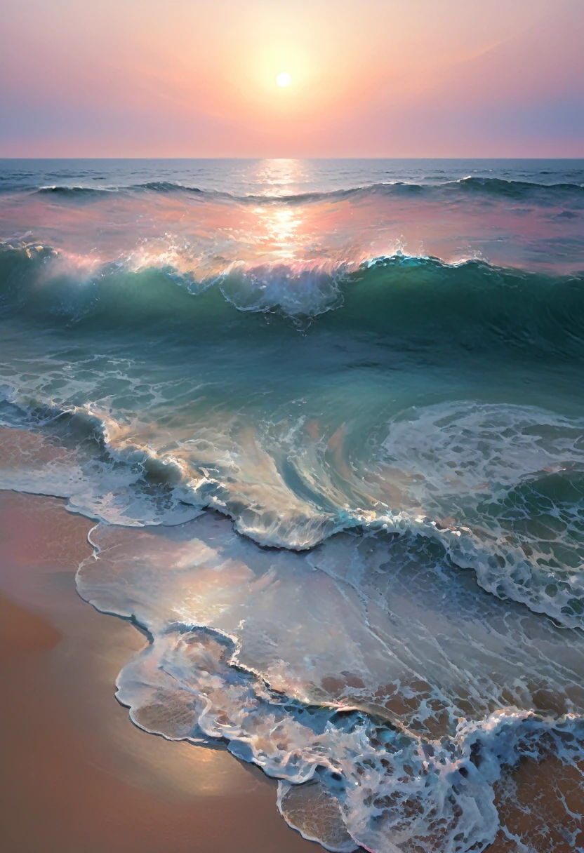 painting, style Scott Nesmith, Maranov, smoothness gradient surface of the sea goes over the horizon merging with the absolutely clear sky, liminal gentle, hyperrealism, glow, hyperdetailed, delicate colors, pastel colors, dreamy, transcendence, volumetric, translucent waves, 4k 30mm lens, 1200dpi