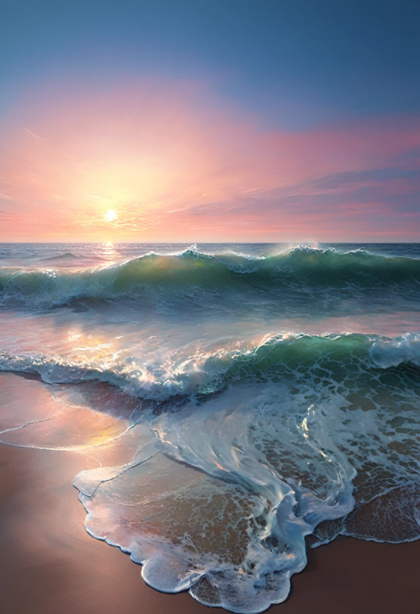 painting, style Scott Nesmith, Maranov, smoothness gradient surface of the sea goes over the horizon merging with the absolutely clear sky, liminal gentle, hyperrealism, glow, hyperdetailed, delicate colors, pastel colors, dreamy, transcendence, volumetric, translucent waves, 4k 30mm lens, 1200dpi