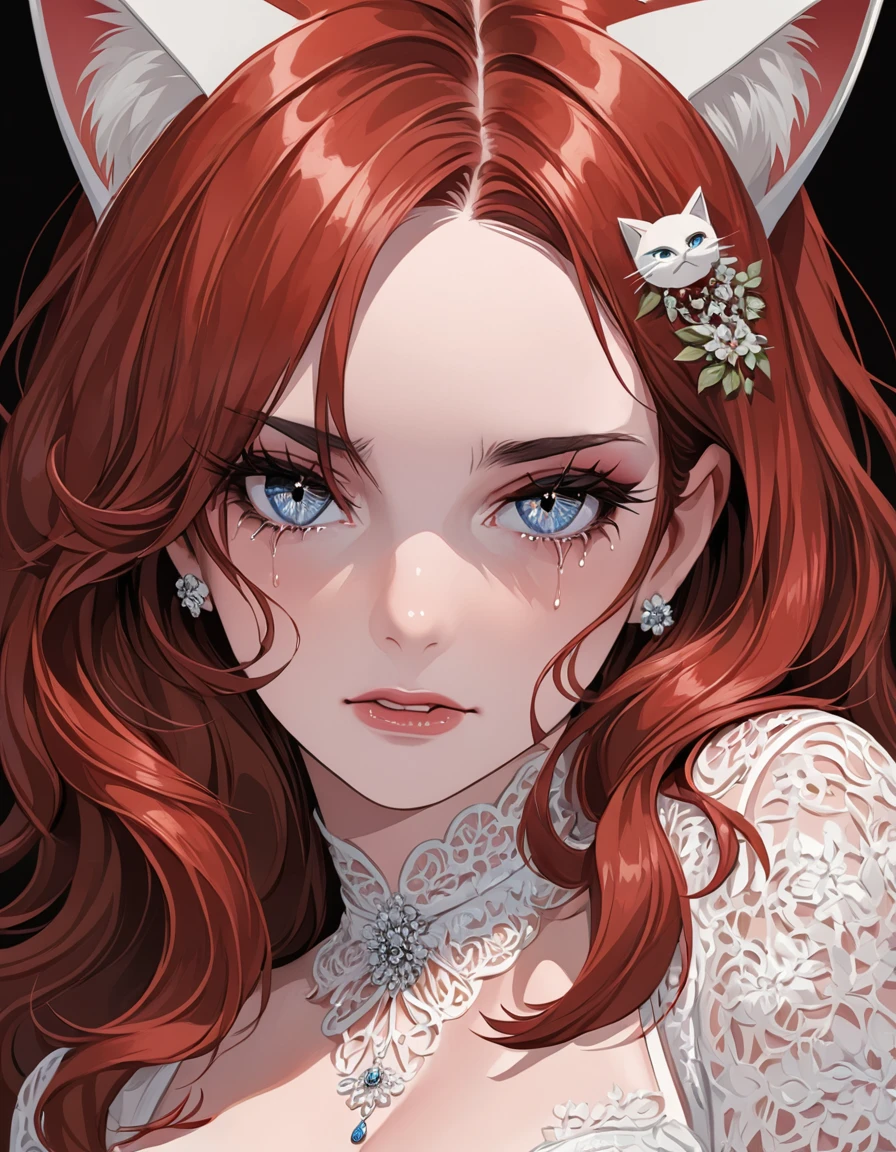 highly detailed, seductive erotic Lana Del Rey with lace cat ears, crying, (busty, red hair), centered on the face, face focused, intricate eyes,