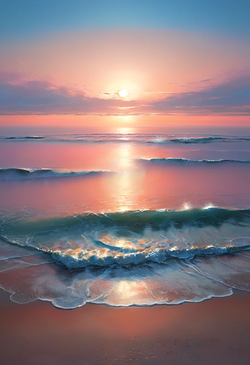 painting, style Scott Nesmith, Maranov, smoothness gradient surface of the sea goes over the horizon merging with the absolutely clear sky, liminal gentle, hyperrealism, glow, hyperdetailed, delicate colors, pastel colors, dreamy, transcendence, volumetric, translucent, 4k 30mm lens, 1200dpi