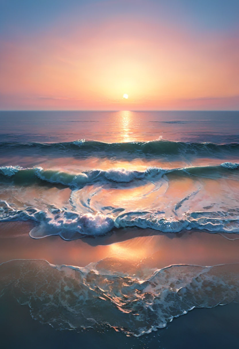 painting, style Scott Nesmith, Maranov, smoothness gradient surface of the sea goes over the horizon merging with the absolutely clear sky, liminal gentle, hyperrealism, glow, hyperdetailed, delicate colors, pastel colors, dreamy, transcendence, volumetric, translucent, 4k 30mm lens, 1200dpi