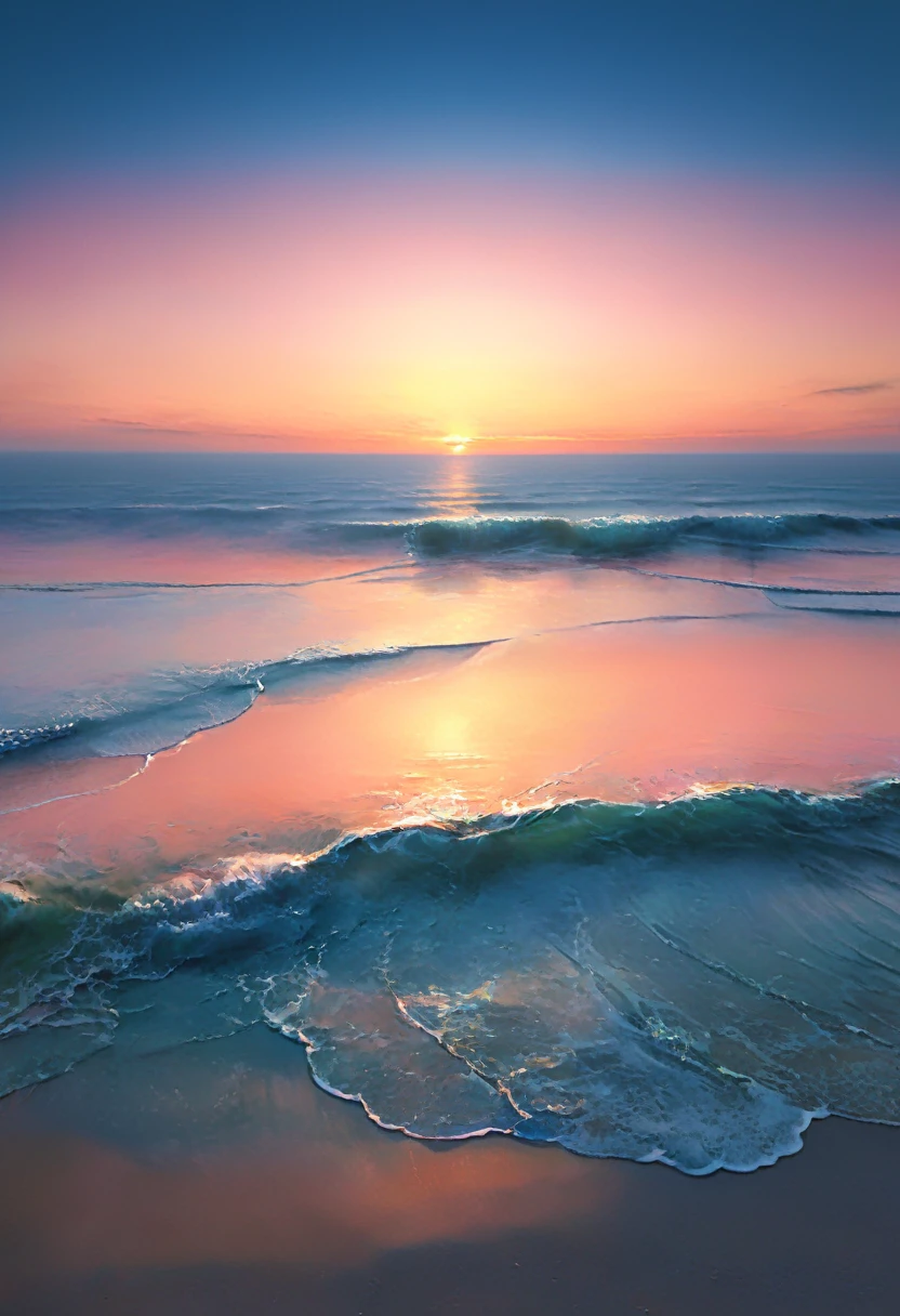 painting, style Scott Nesmith, Maranov, smoothness gradient surface of the sea goes over the horizon merging with the absolutely clear sky, liminal gentle, hyperrealism, glow, hyperdetailed, delicate colors, pastel colors, dreamy, transcendence, volumetric, translucent, 4k 30mm lens, 1200dpi