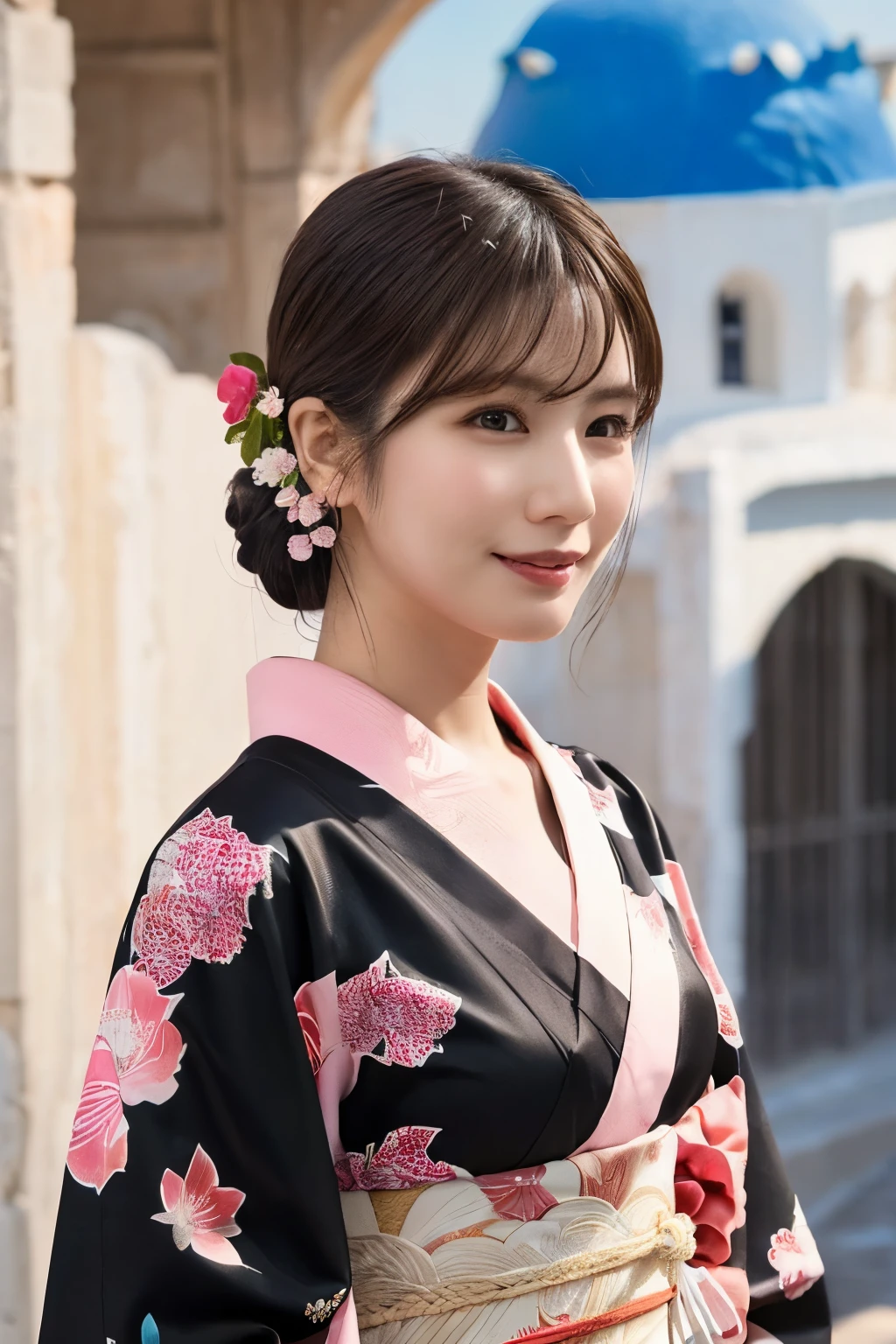 1 person, (Wearing a pink floral kimono.:1.2), Very beautiful Japanese idol portraits, 
(RAW Photos, Highest quality), (Realistic, Realistic:1.4), (masterpiece), 
Very delicate and beautiful, Very detailed, 2k wallpaper, wonderful, finely, Very detailed CG Unity 8k 壁紙, Very detailed, High resolution, Soft Light, 
Beautiful details, Very detailed目と顔, Beautiful and sophisticated nose, Beautiful and beautiful eyes, Cinema Lighting, 
(Commemorative photo on Santorini Island:1.3), (White Building), (blue sky), (Church bells), (Aegean Sea),
(Japanese hairstyle), (Tie your hair at the back:1.3), (bangs), (hairpin), 
Complete Anatomy, Slender body, Small breasts, smile