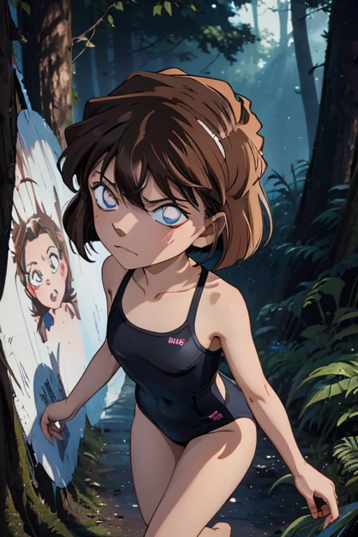 masterpiece, Highest quality, masterpiece, (One girl), (letter), Evil Witch, Dark Energy, Empty, Hollow Eyes, (an extremely evil), black magic, Dark Forest, Negative Energy, hell, Empty, performer, Brown Hair,Wearing a black high-cut swimsuit、Haibara Ai