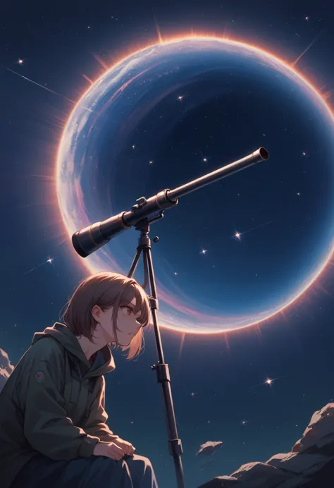 1girl, telescope, leaning forward, looking through telescope, dramatic space scene