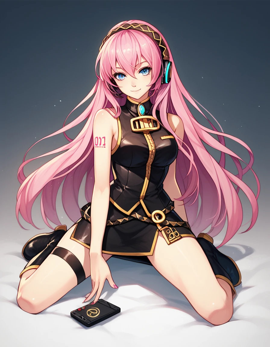 1 girla(cool, vocaloid, Luka Megurine, pink hair, long hair, straight hair, black headphone, sleeveless black short suit, side slit black skirt, black long socks, yellow long boots), kneeling