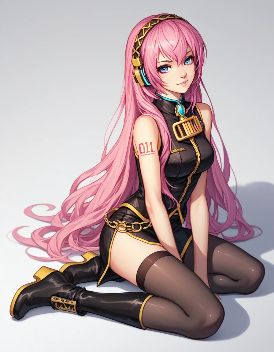 1 girla(cool, vocaloid, Luka Megurine, pink hair, long hair, straight hair, black headphone, sleeveless black short suit, side slit black skirt, black long socks, yellow long boots), kneeling