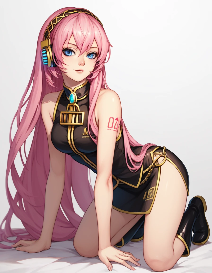 1 girla(cool, vocaloid, Luka Megurine, pink hair, long hair, straight hair, black headphone, sleeveless black short suit, side slit black skirt, black long socks, yellow long boots), kneeling