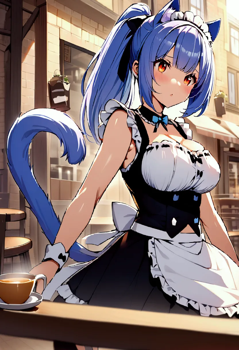 cinnamon, gurl with short lavender blue hair, amber eyes,big pony tail, floppy cat ears, cat tail, maid uniform, big breasts, ca...