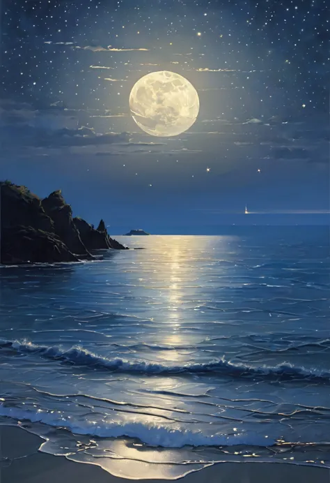 under the gentle glow of the full moon, the calm sea stretches to the horizon. the moonlight casts a silvery glow on the gentle ...