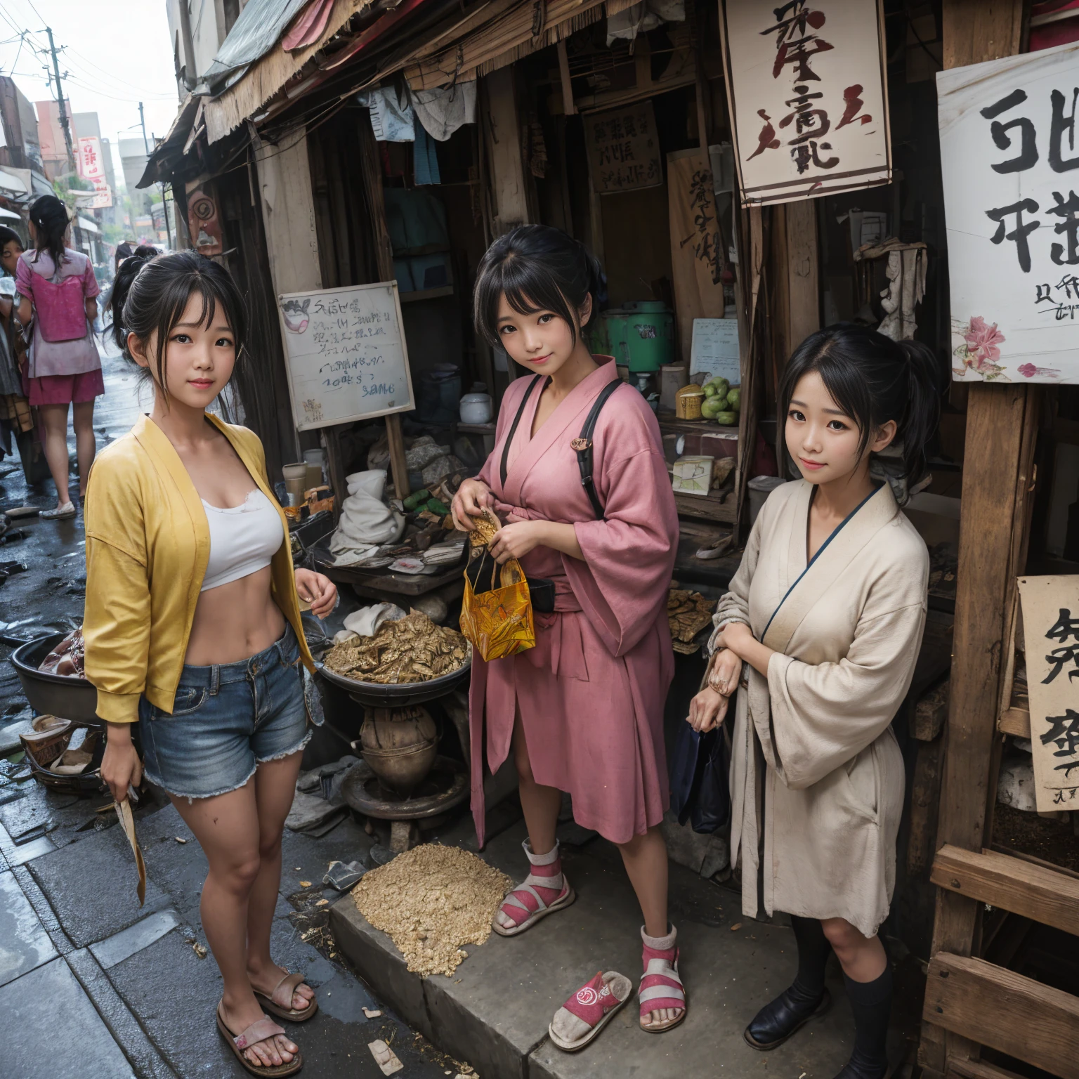 
((masterpiece、Highest quality))、Beautiful girls gather.、Three girls in summer clothes、clothes、(Showa Retro:1.2)、(Detailed and cute face:1.3)、(Poor conditions、Japan's poor neighborhoods、Dim and unsanitary、Standing Bar、みんなで楽しくdiet、Crumbling shopping mall)、屋台のdiet店、stage、sewage、Dirty shop、street vendors、Unsanitary and abandoned city、smile、diet、Poor person々