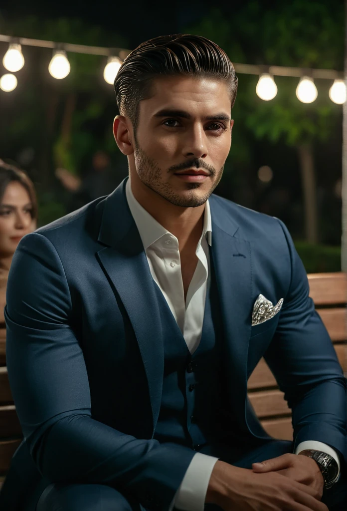 gu,a handsome man in a party, sitting on a bench, looking to the side, detailed facial features, sharp focus, 8k, photorealistic, professional photography, dramatic lighting, cinematic composition, elegant attire, high-quality, hyperrealistic, intricate details, flawless skin, intense gaze, natural expression, chiaroscuro lighting, dramatic shadows, warm color tones, sophisticated style, luxurious environment