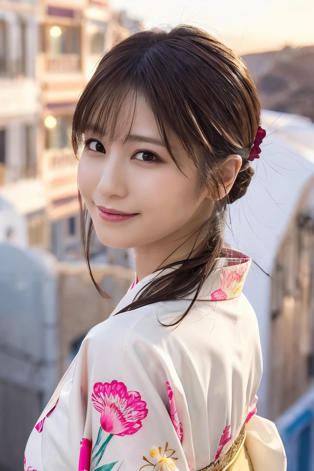 1 person, (Wearing a pink floral kimono.:1.2), Very beautiful Japanese idol portraits, 
(RAW Photos, Highest quality), (Realistic, Realistic:1.4), (masterpiece), 
Very delicate and beautiful, Very detailed, 2k wallpaper, wonderful, finely, Very detailed CG Unity 8k 壁紙, Very detailed, High resolution, Soft Light, 
Beautiful details, Very detailed目と顔, Beautiful and sophisticated nose, Beautiful and beautiful eyes, Cinema Lighting, 
(Commemorative photo on Santorini Island:1.3), (White Building), (blue sky), (Church bells), (Aegean Sea),
(Japanese hairstyle), (Tie your hair at the back:1.3), (bangs), (hairpin), 
Complete Anatomy, Slender body, Small breasts, smile