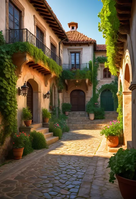 a beautiful old spanish casa, detailed architecture, ornate windows and doors, terracotta roof tiles, lush green vines and flowe...