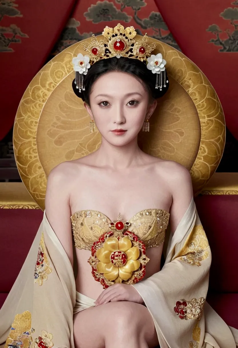 from the pre-qing period, the empress sits naked on a large golden sofa in the palace,  her legs were spread, at the chinese cou...