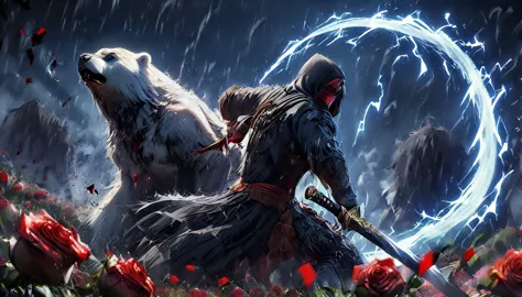 menacing picture. in it a man with a black hood and a katana is riding a polar bear while the moon shines, roses cover the groun...