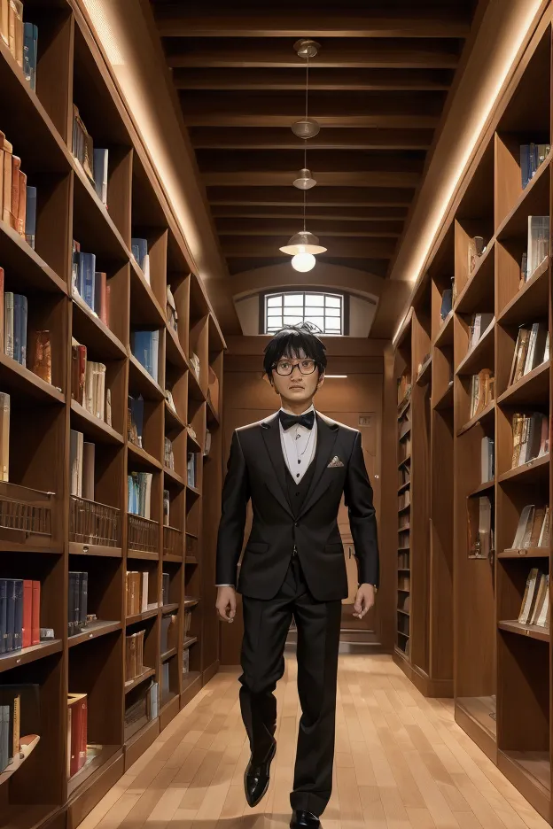 there is a man in a suit standing in a library., hideaki year anime, hideaki anno, hideki year, inspired by yasushi sugiyama, ke...